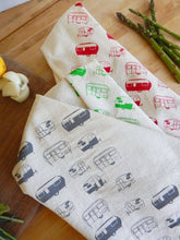 Load image into Gallery viewer, Vintage Camper Trailer Kitchen Towel, Handprinted Tea Towel: Turquoise on Natural