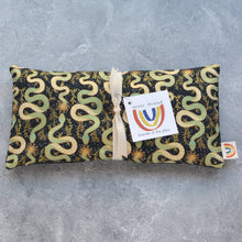 Load image into Gallery viewer, Weighted Eye Pillow in Gilded Snakes Black and Gold Cotton