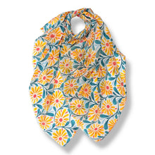 Load image into Gallery viewer, Daisy Flowers With Leaves Scarf - Yellow Blue