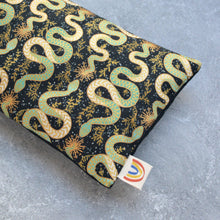 Load image into Gallery viewer, Weighted Eye Pillow in Gilded Snakes Black and Gold Cotton