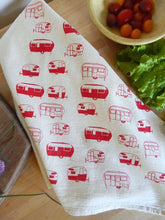 Load image into Gallery viewer, Vintage Camper Trailer Kitchen Towel, Handprinted Tea Towel: Turquoise on Natural