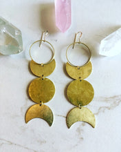 Load image into Gallery viewer, Goddess Earrings Hand Forged Brass Moon and Planet Wiccan Triple Goddess Symbol