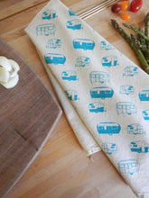 Load image into Gallery viewer, Vintage Camper Trailer Kitchen Towel, Handprinted Tea Towel: Turquoise on Natural