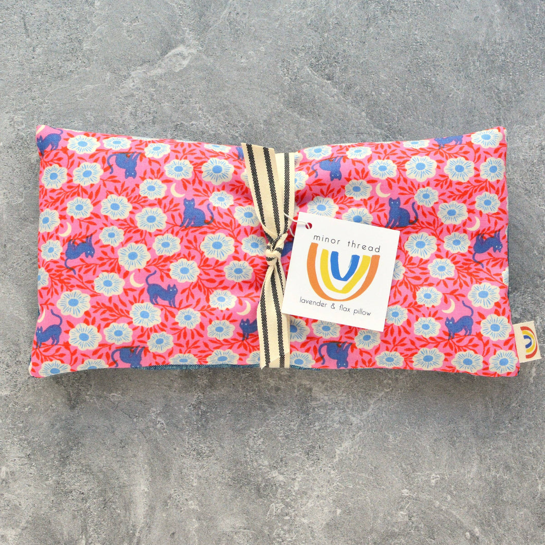 Minor Thread - Floral Moon Cats in Pink Weighted Eye Pillow: Lavender