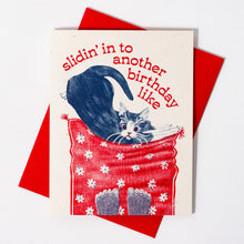 Load image into Gallery viewer, Slidin&#39; In To Another Birthday Cat - Risograph Card
