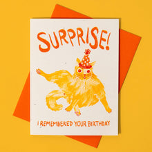 Load image into Gallery viewer, Bromstad Printing Co. - Surprise! I Remembered Your Birthday Cat - Risograph Card
