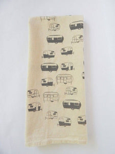 Vintage Campers Kitchen Towel, Handprinted Tea Towel: Turquoise on Natural
