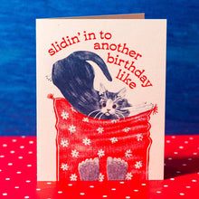 Load image into Gallery viewer, Slidin&#39; In To Another Birthday Cat - Risograph Card
