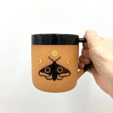 Load image into Gallery viewer, Moth &amp; Moon Wheel Thrown Mug
