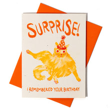 Load image into Gallery viewer, Bromstad Printing Co. - Surprise! I Remembered Your Birthday Cat - Risograph Card

