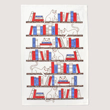 Load image into Gallery viewer, Bookshelf Cats Tea Towel
