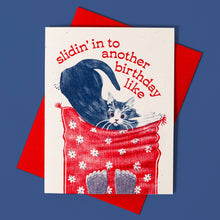 Load image into Gallery viewer, Slidin&#39; In To Another Birthday Cat - Risograph Card
