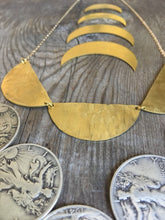 Load image into Gallery viewer, Petals Necklace Hammered Brass Semicircles 14K gf chain Minimal
