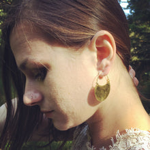 Load image into Gallery viewer, Waxing Moon Hoops Brass Crescent Moon Simple Hoops with 14K Gold filled ear wire.
