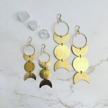 Load image into Gallery viewer, Goddess Earrings Hand Forged Brass Moon and Planet Wiccan Triple Goddess Symbol
