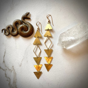 ELDORADO EARRINGS Eldorado-Long Hammered  Brass Arrow Motif Earrings Shoulder Dusters, All-Seeing-Eye