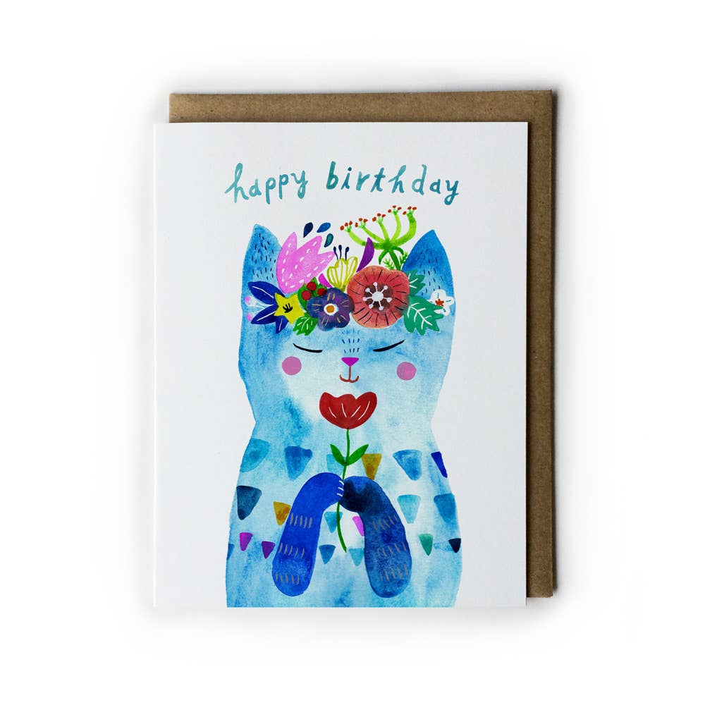 Blue Flower Kitty Birthday Card