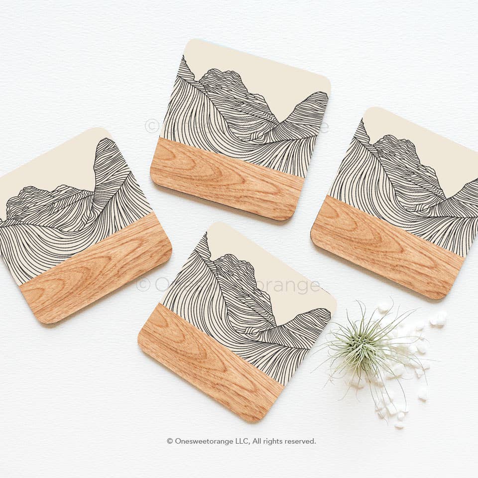 Cork Coaster Set of 4, Mountain Faux Wood Coasters