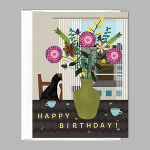 Cat and Bouquet Birthday Card