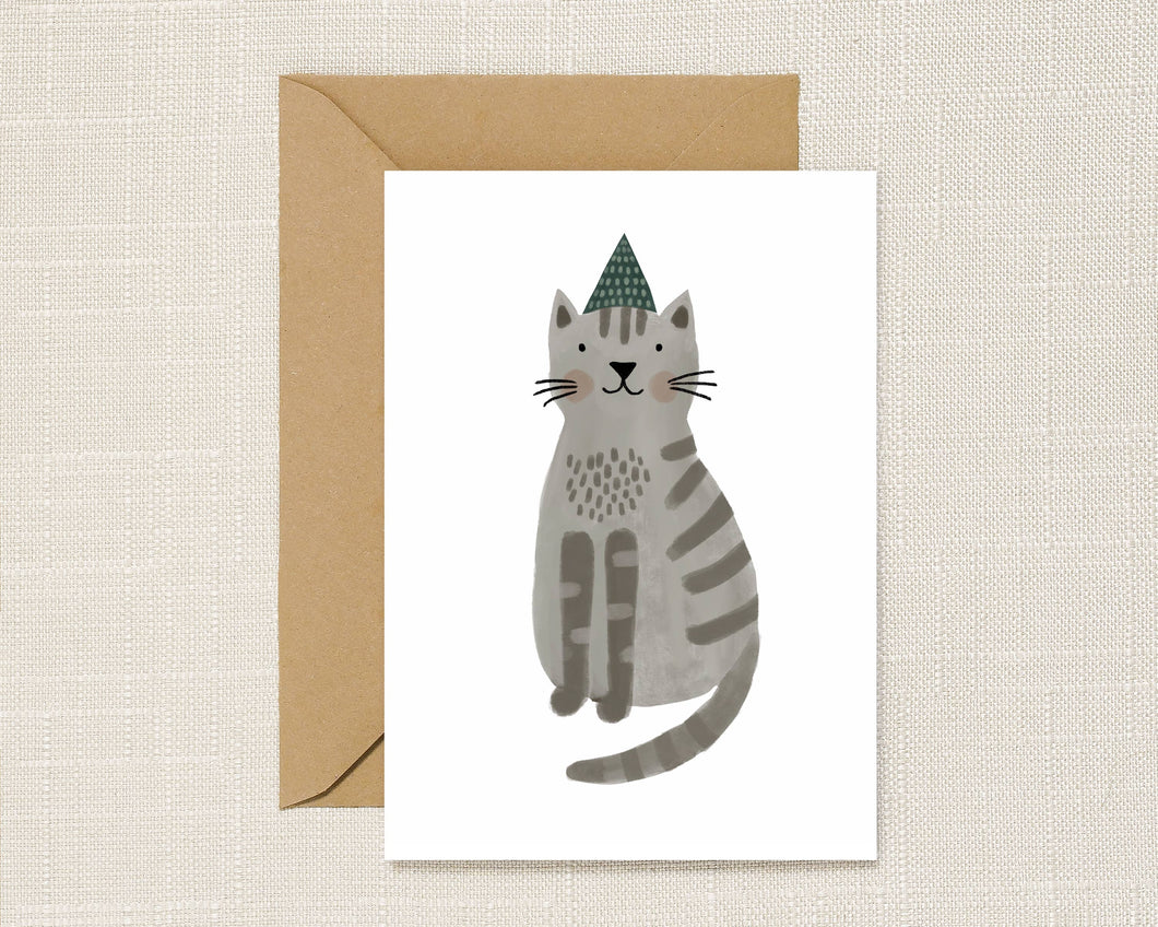 Grey Cat In Party Hat Greeting Card