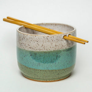 Rice/Noodle Bowl - Handmade Stoneware Clay - White & Green