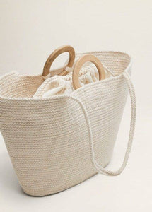 Hand Woven Natural Tote, Ivory with Wooden Handles
