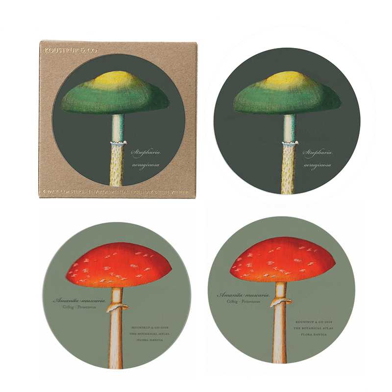 Coasters Mushroom 4 pieces, 2 sided made in Europe of wood.